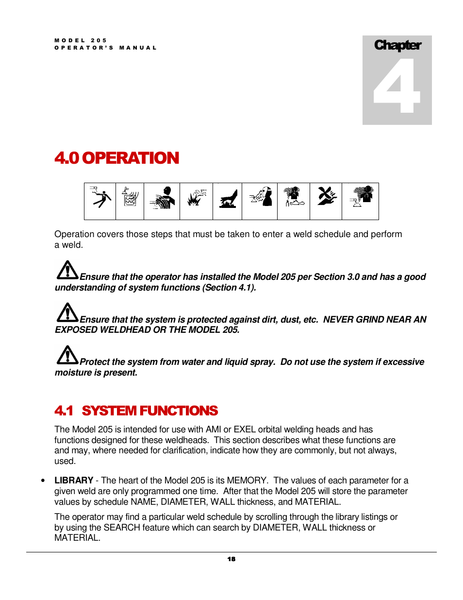 0 operation, 1 system functions, Chapter | Arc Machines 205 WDR User Manual | Page 22 / 59