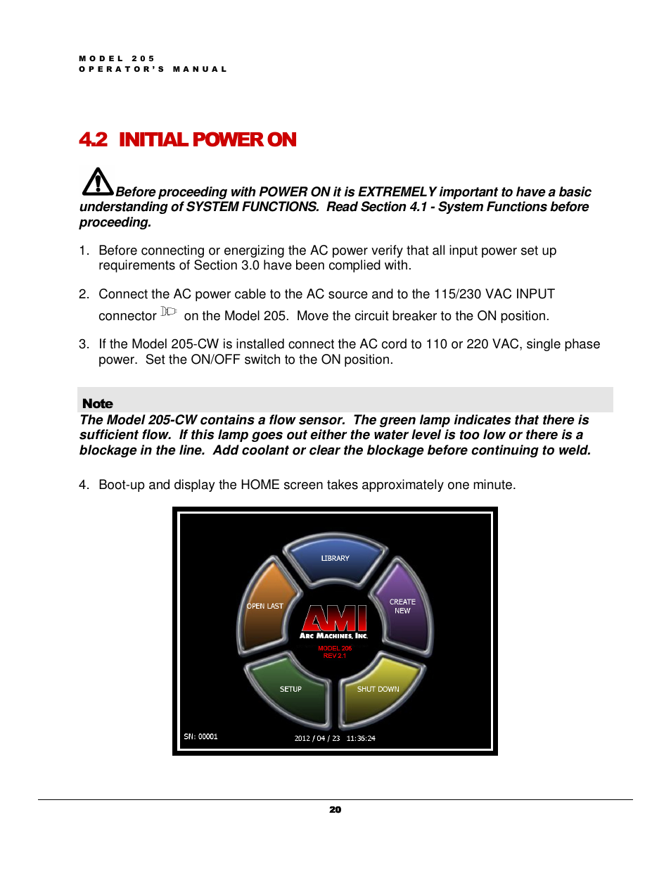 2 initial power on | Arc Machines 205 WDR User Manual | Page 24 / 59
