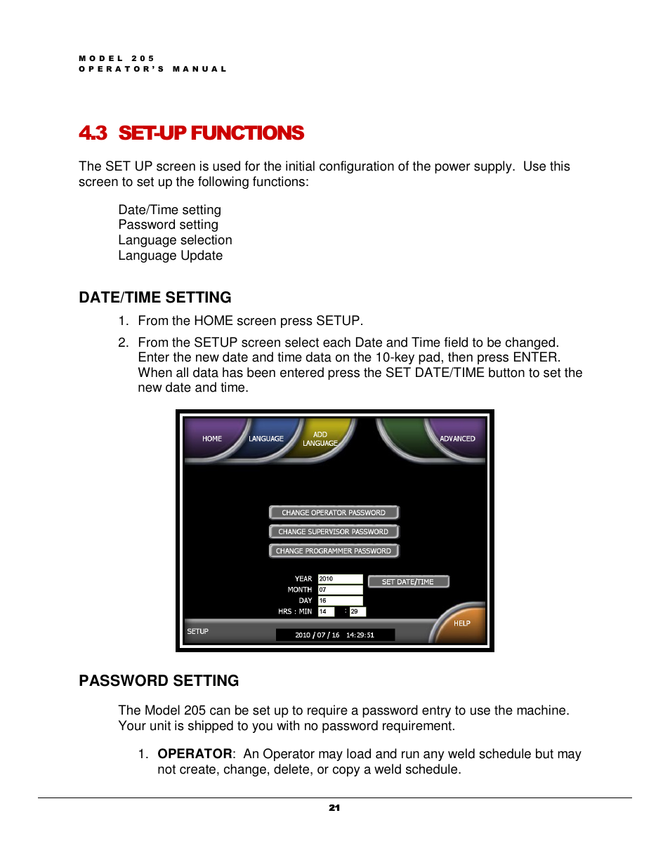 3 set-up functions, Date/time setting, Password setting | Arc Machines 205 WDR User Manual | Page 25 / 59