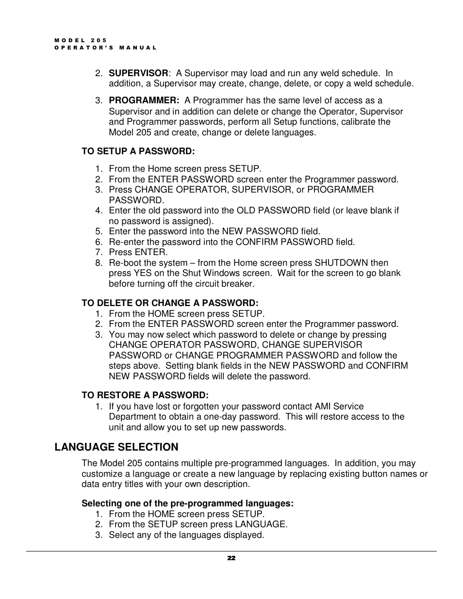 Language selection | Arc Machines 205 WDR User Manual | Page 26 / 59