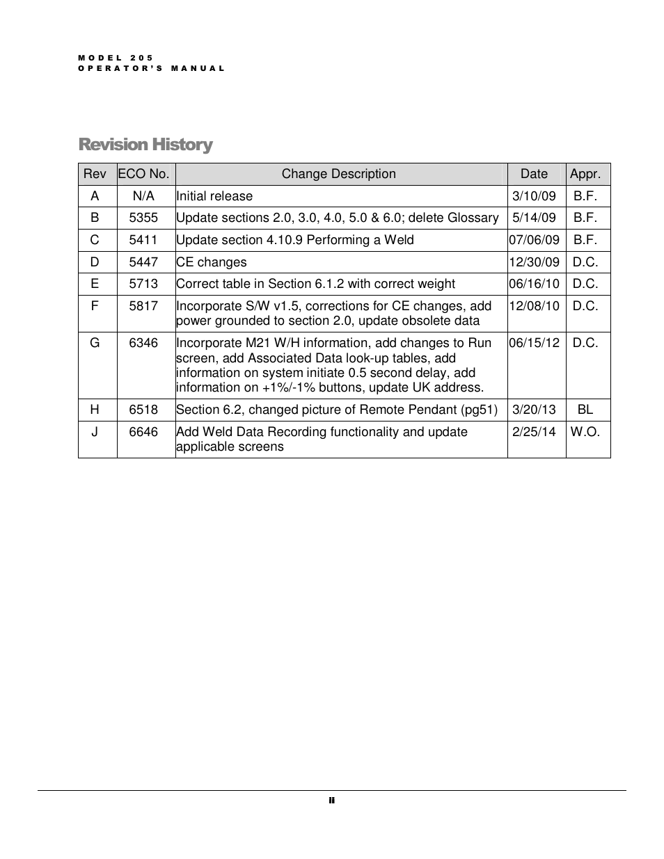 Revision history | Arc Machines 205 WDR User Manual | Page 3 / 59