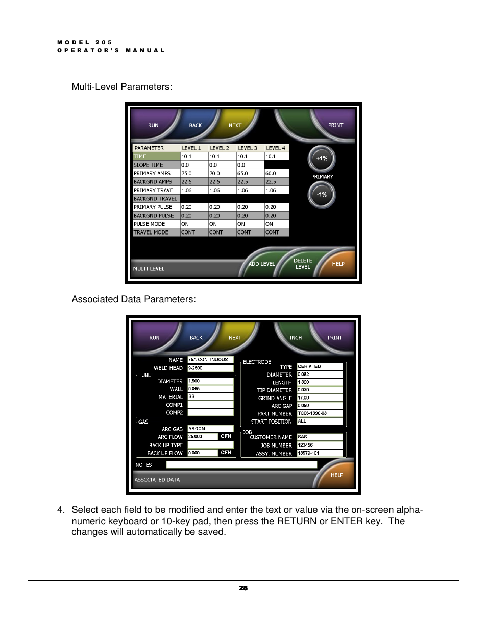 Multi-level parameters, Associated data parameters | Arc Machines 205 WDR User Manual | Page 32 / 59