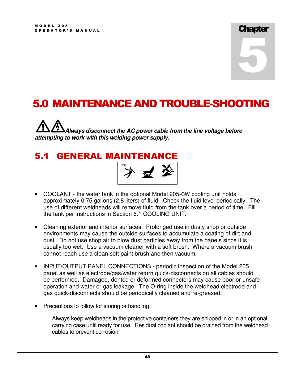 0 maintenance and trouble-shooting, 1 general maintenance, Chapter | Arc Machines 205 WDR User Manual | Page 47 / 59