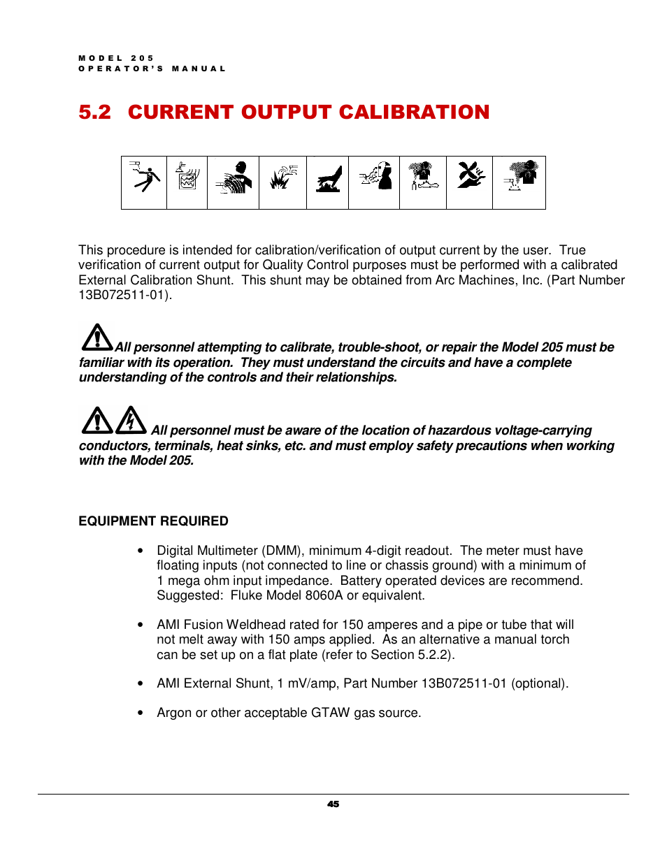 2 current output calibration | Arc Machines 205 WDR User Manual | Page 49 / 59