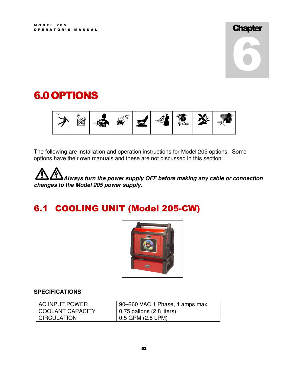 0 options, 1 cooling unit (model 205-cw), Chapter | Arc Machines 205 WDR User Manual | Page 56 / 59