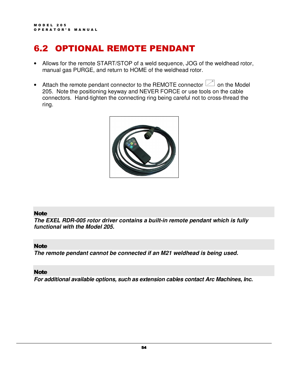 2 optional remote pendant | Arc Machines 205 WDR User Manual | Page 58 / 59
