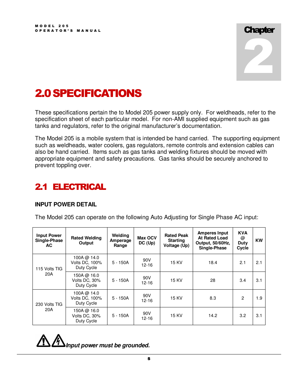 0 specifications, 1 electrical, Chapter | Arc Machines 205 WDR User Manual | Page 9 / 59