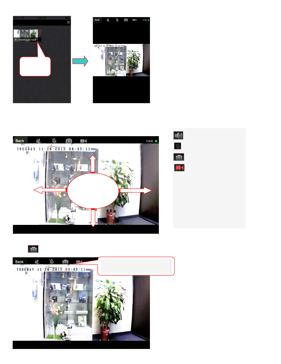 2 app operation, 1 main menu, Pan and tilt only available for model cm-mv320) | Press icon to save snapshot | Astak Mobivue - iOS User Manual User Manual | Page 4 / 12