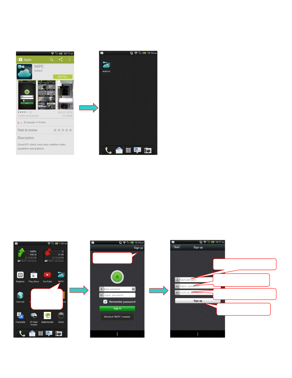 Click “mipc”, and login, App installation, App overview | 1 app login | Astak Mobivue - Android User Manual User Manual | Page 2 / 11