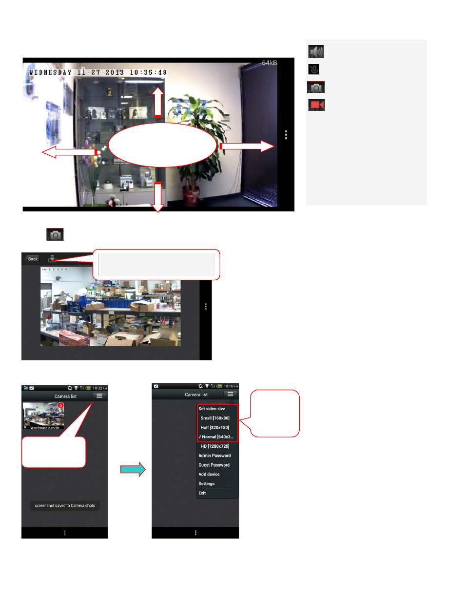 2 app operation, Pan and tilt only available for model cm-mv320), Press icon to save snapshot | Astak Mobivue - Android User Manual User Manual | Page 4 / 11
