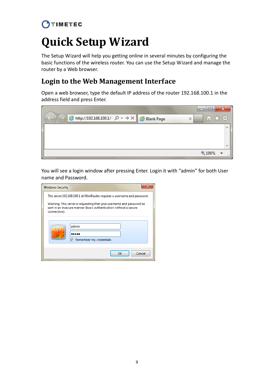 Quick setup wizard, Login to the web management interface | Astak R4020A - User Manual User Manual | Page 10 / 84