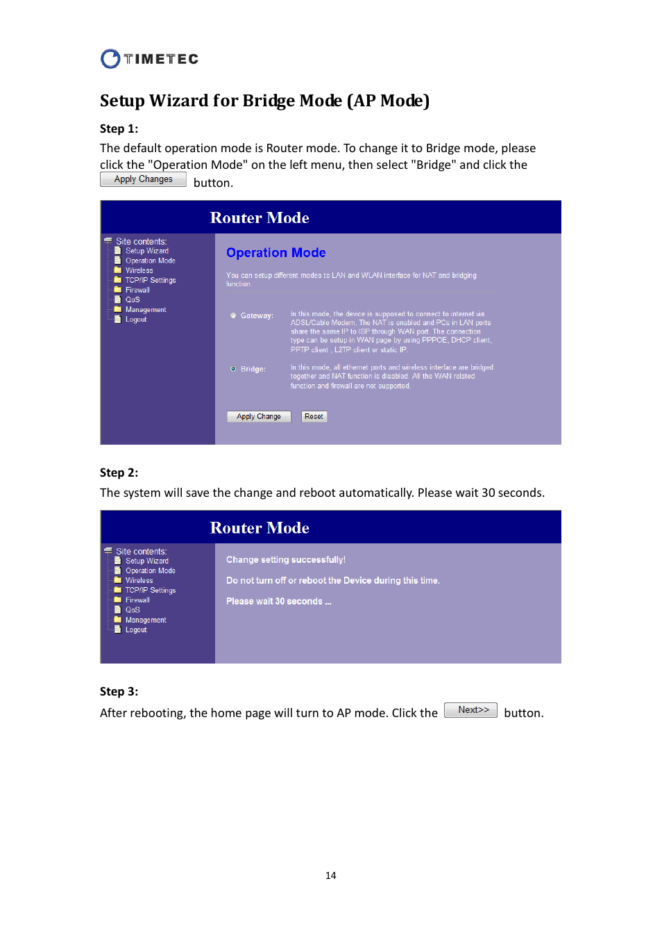 Setup wizard for bridge mode (ap mode) | Astak R4020A - User Manual User Manual | Page 15 / 84