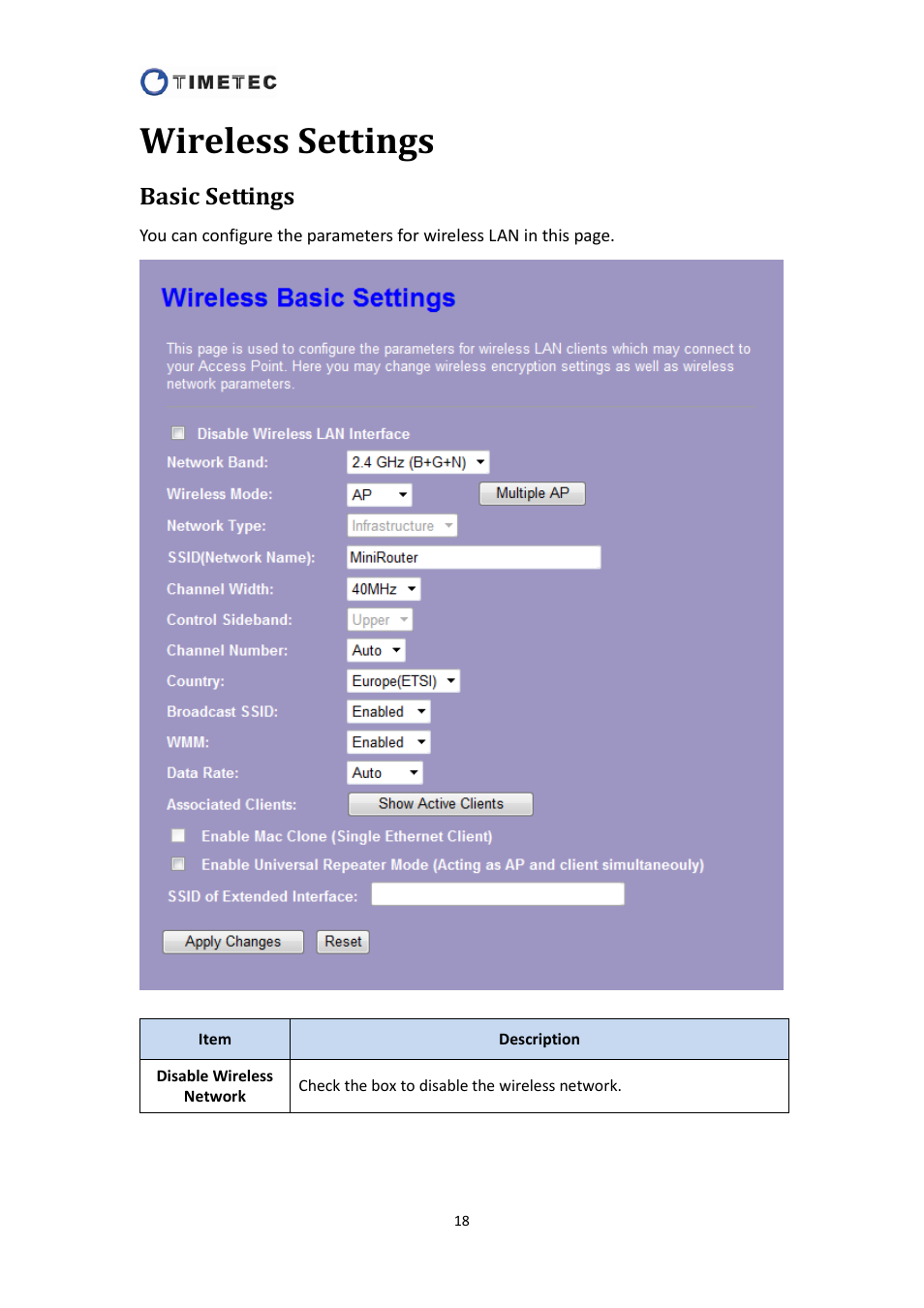 Wireless settings, Basic settings | Astak R4020A - User Manual User Manual | Page 19 / 84