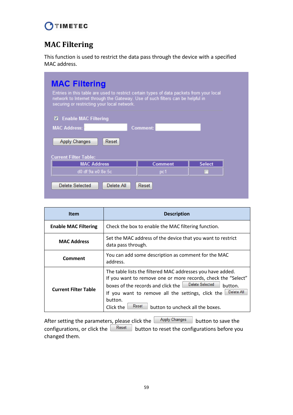 Mac filtering | Astak R4020A - User Manual User Manual | Page 60 / 84