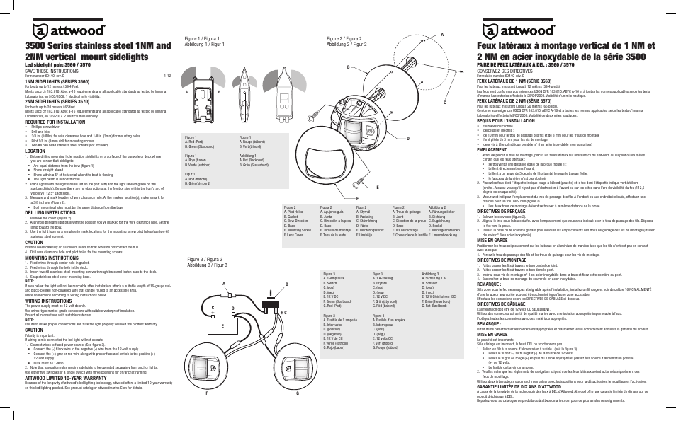 Attwood 3500 Series LED Vertical Sidelights User Manual | 2 pages