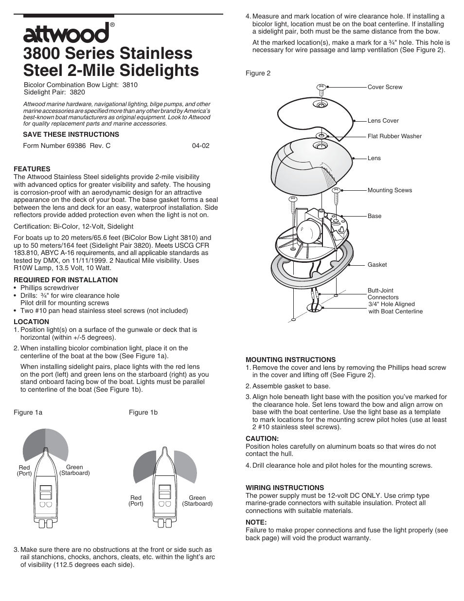 Attwood 3800 Series Stainless Steel 2-Mile Sidelights User Manual | 2 pages