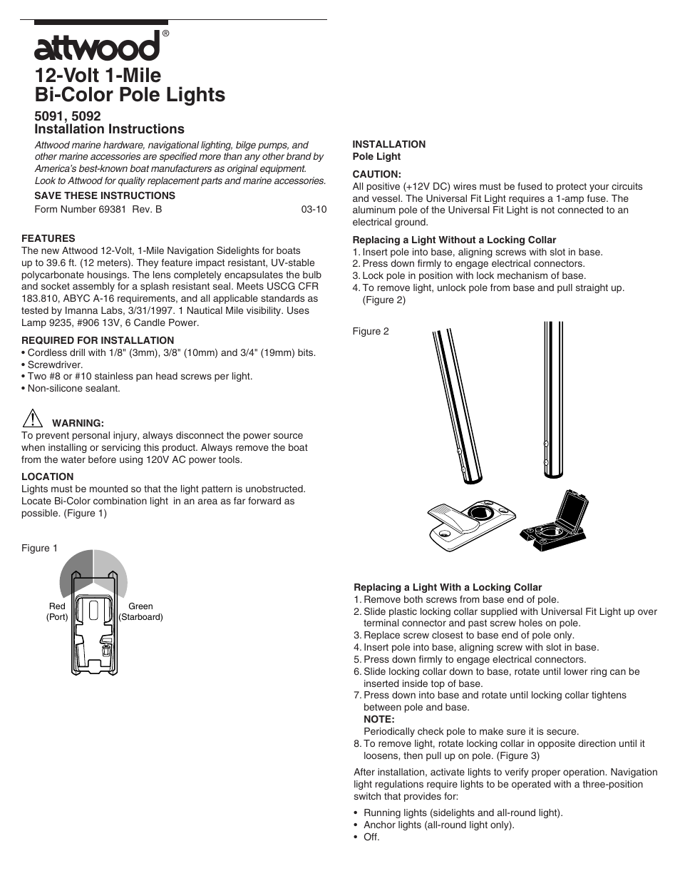 Attwood 1-Mile Pulsar Pole Mounted Bi-Color Stowaway User Manual | 2 pages