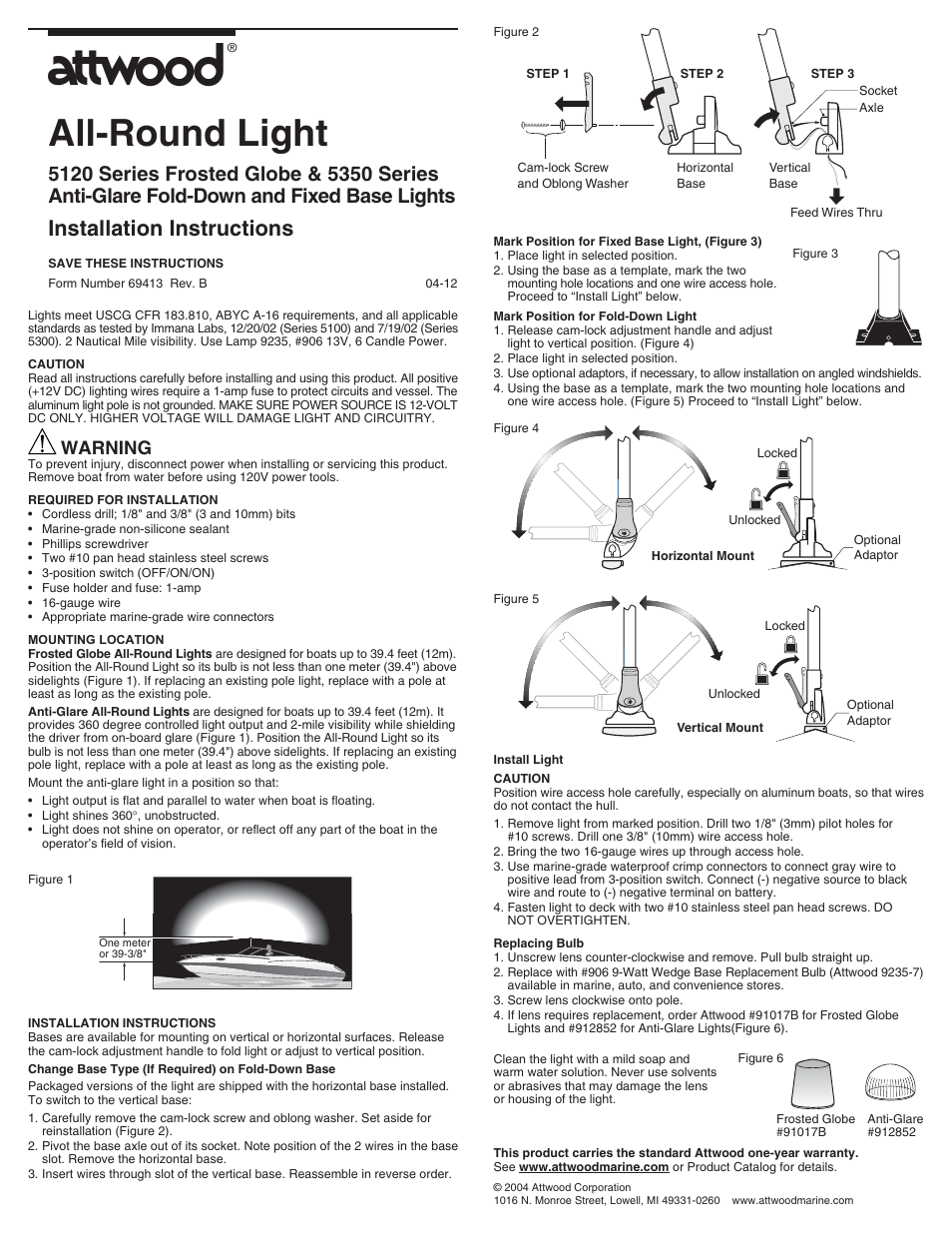 Attwood All-Round Globe Style Fold-Down Lights with Turning Knob Adjustment User Manual | 1 page