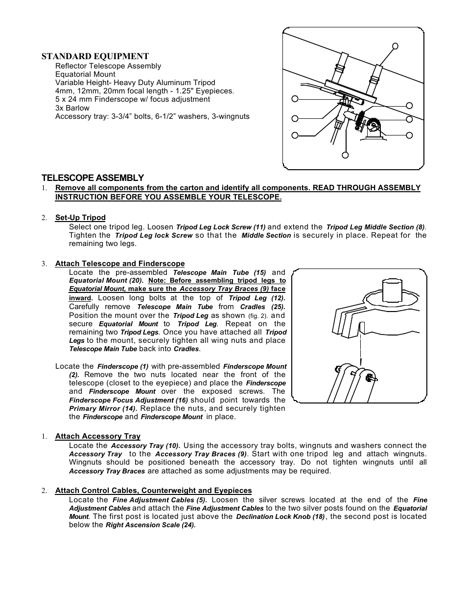 Standard equipment, Telescope assembly | Bushnell 78-9675 User Manual | Page 2 / 8