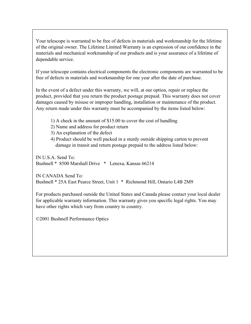 Telescope lifetime limited warranty | Bushnell 78-9675 User Manual | Page 8 / 8