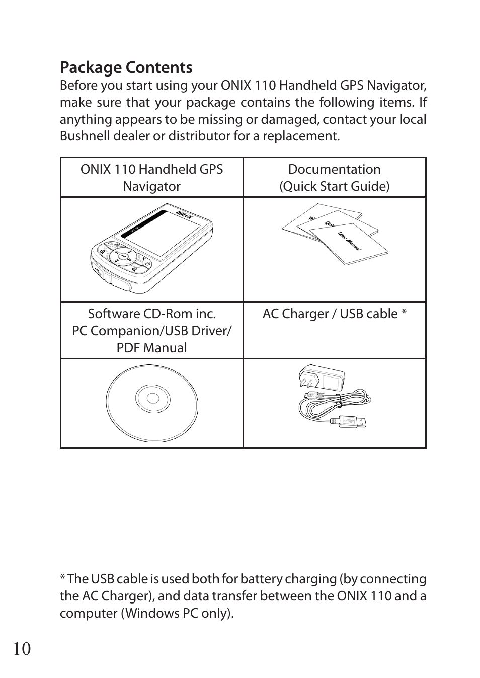 Package contents | Bushnell ONIX 110 User Manual | Page 10 / 60
