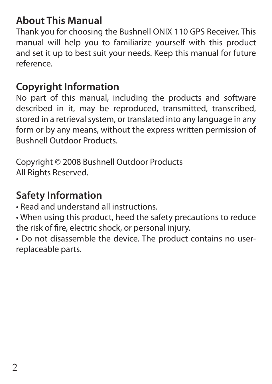 2about this manual, Copyright information, Safety information | Bushnell ONIX 110 User Manual | Page 2 / 60