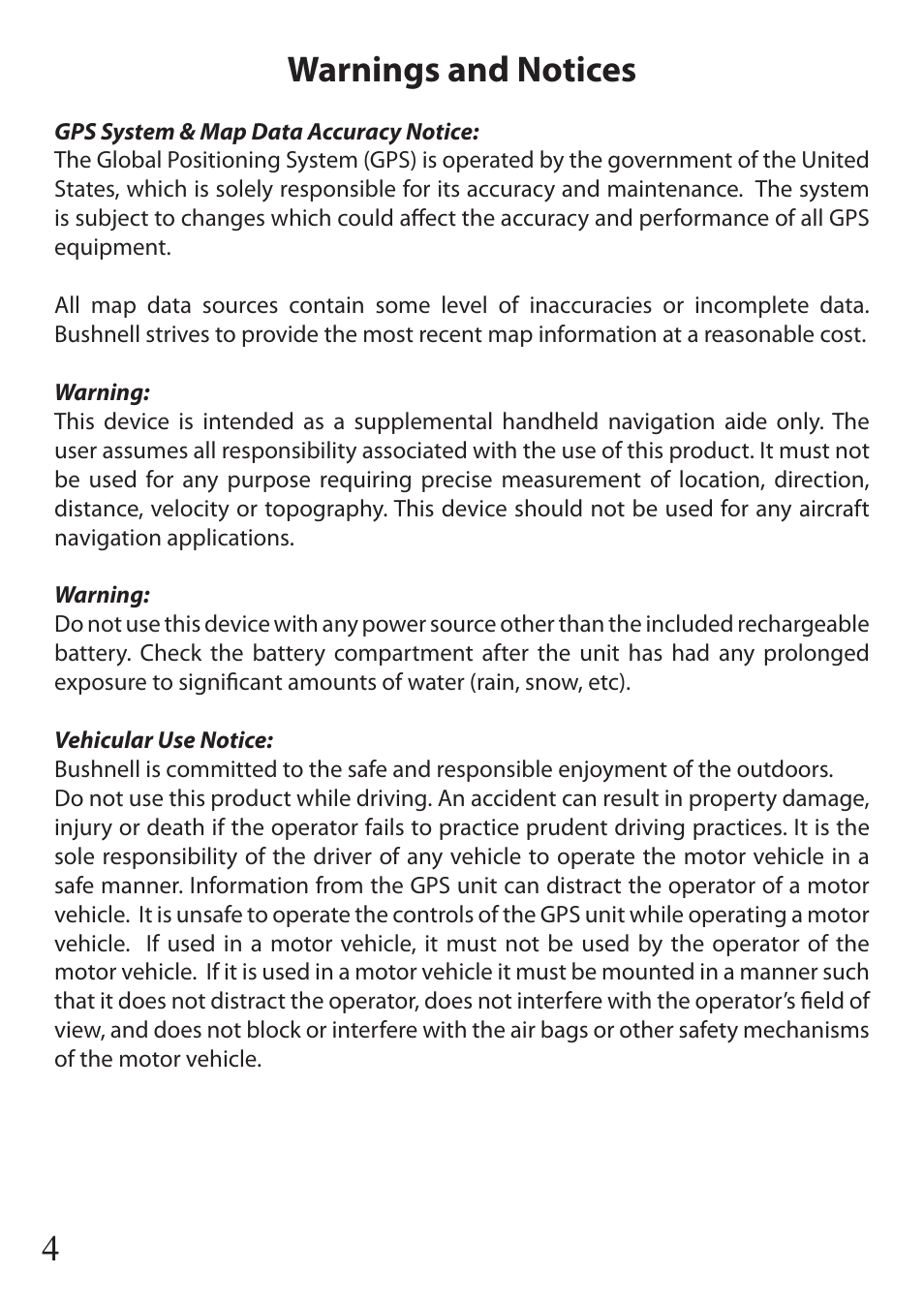 4warnings and notices | Bushnell ONIX 110 User Manual | Page 4 / 60