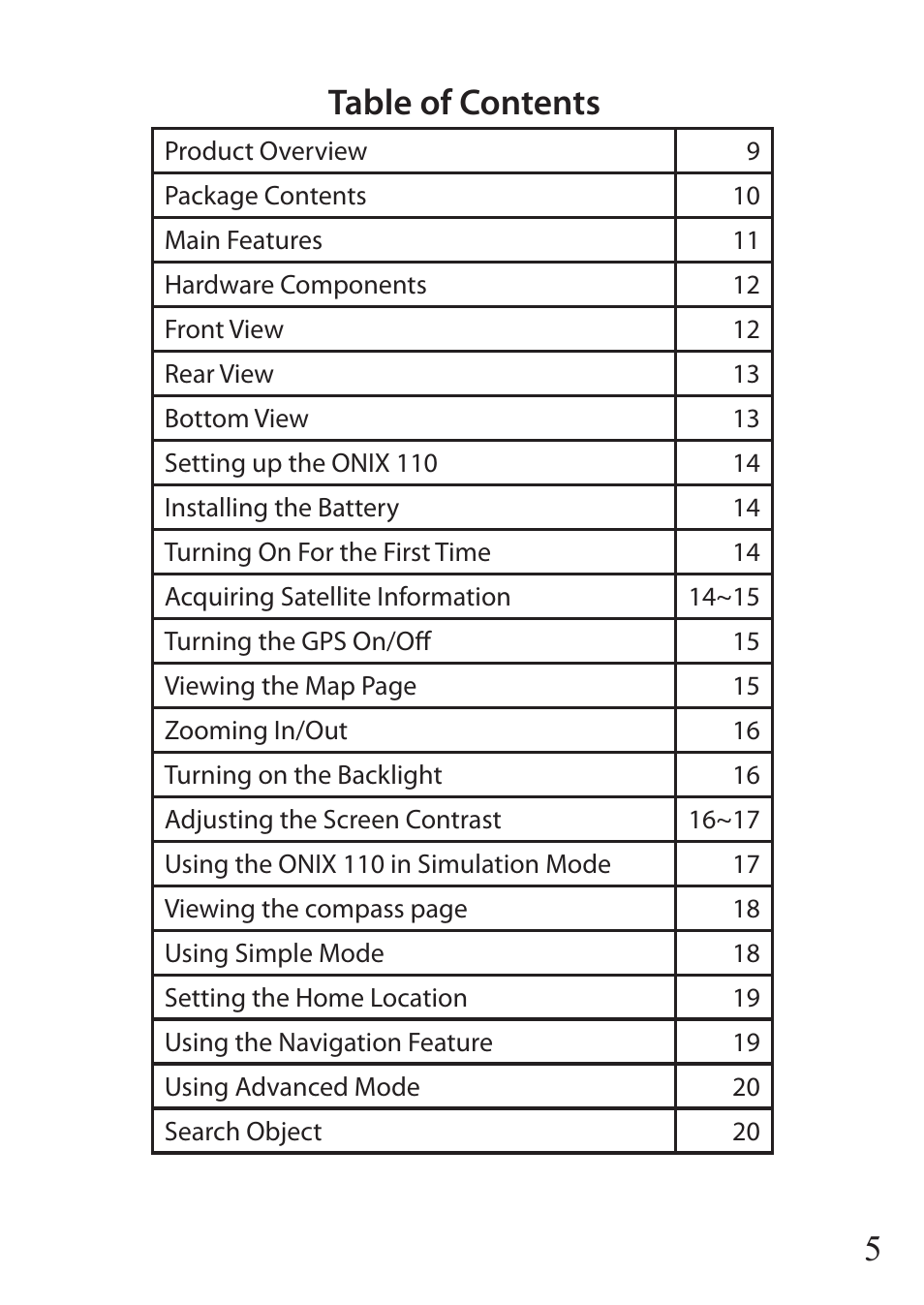 5table of contents | Bushnell ONIX 110 User Manual | Page 5 / 60