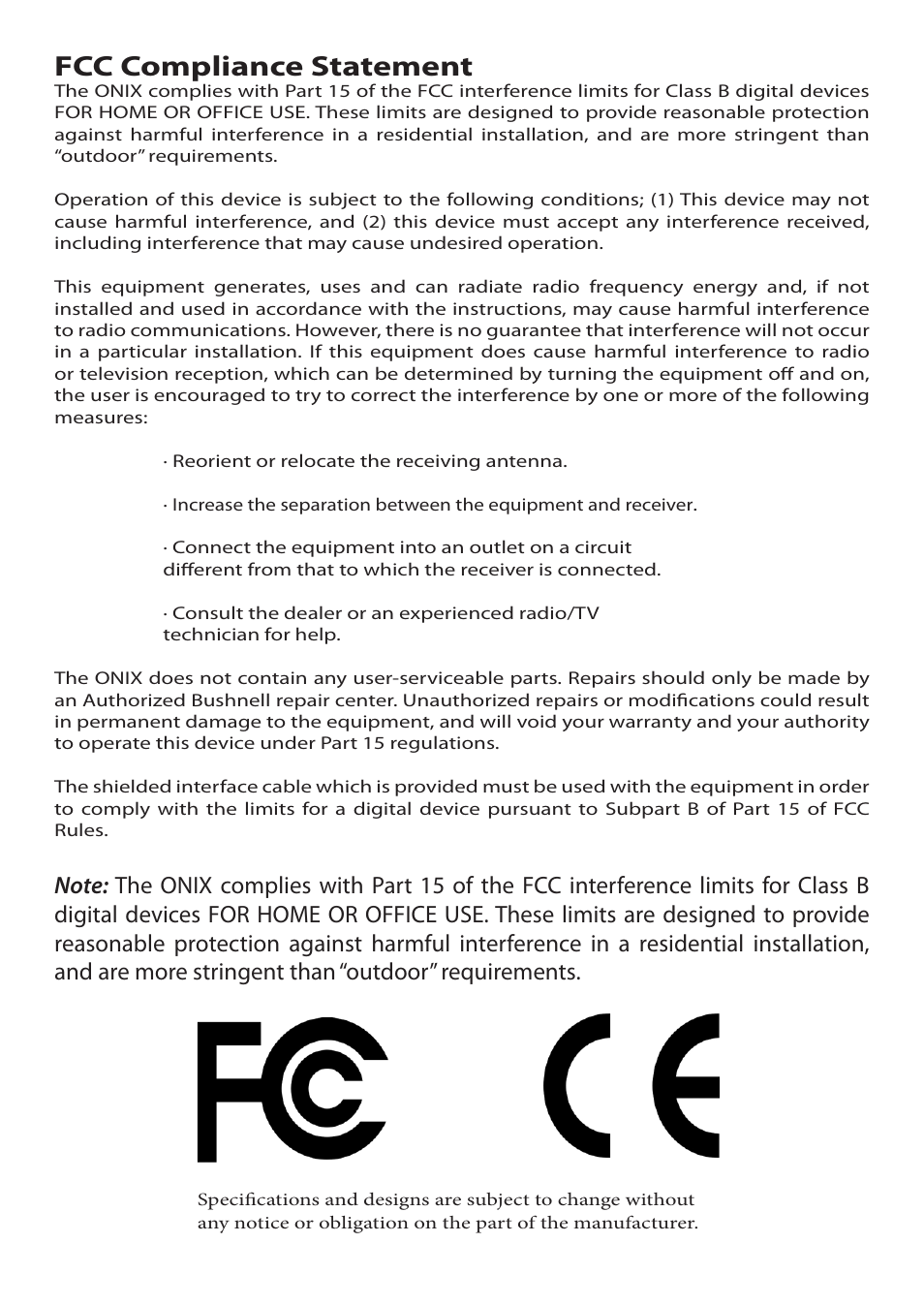 Fcc compliance statement | Bushnell ONIX 110 User Manual | Page 58 / 60