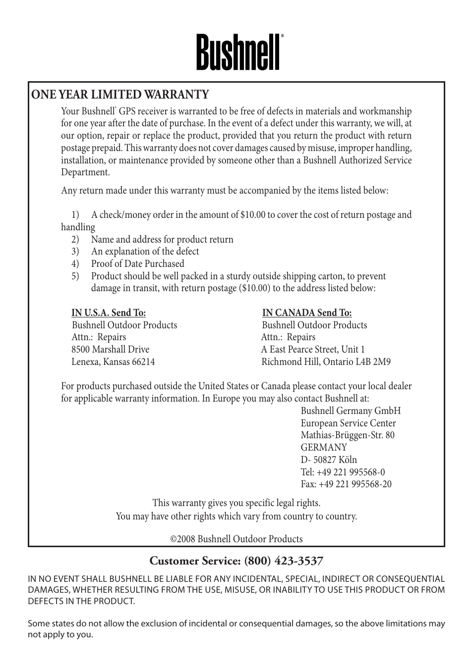 One year limited warranty | Bushnell ONIX 110 User Manual | Page 59 / 60
