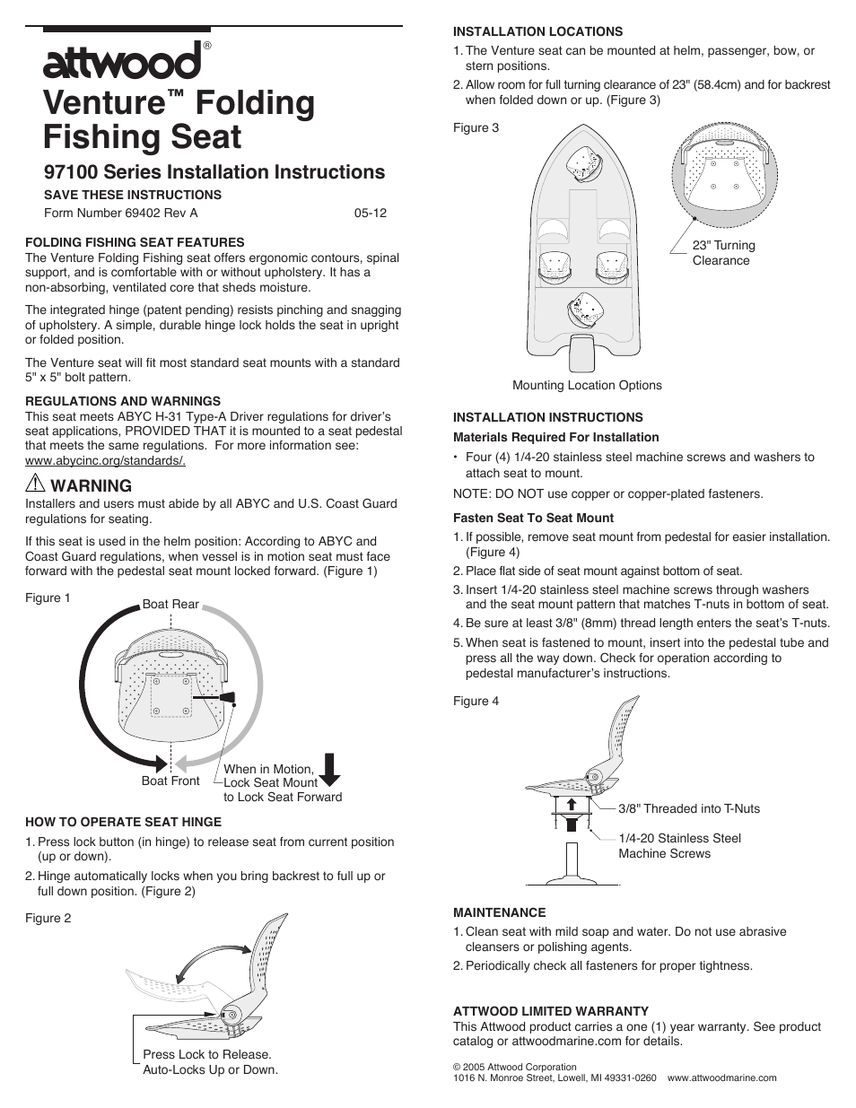 Attwood 97100 Series Venture Folding Fishing Seat User Manual | 1 page
