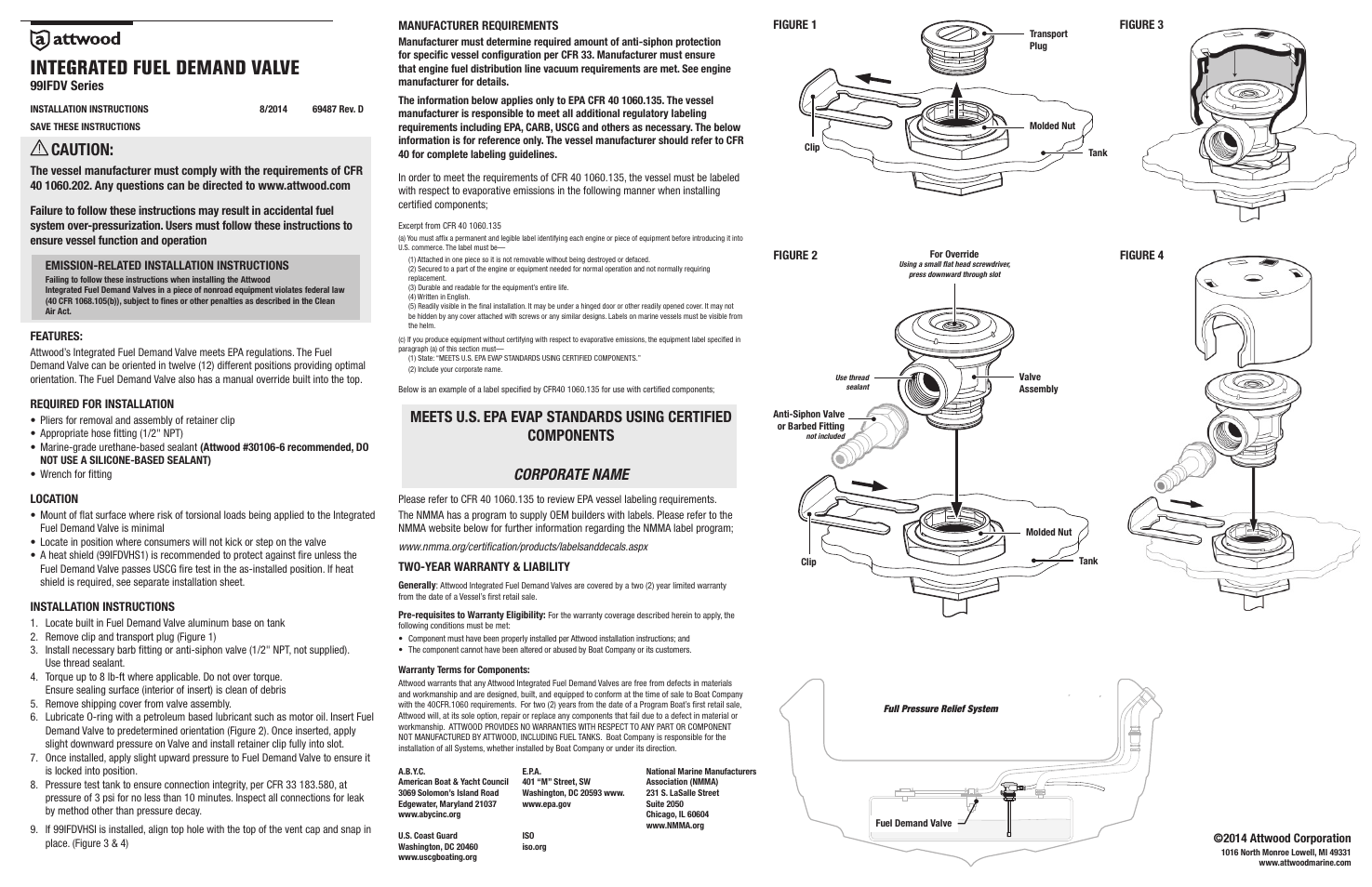 Attwood Integrated Fuel Demand Valve User Manual | 1 page