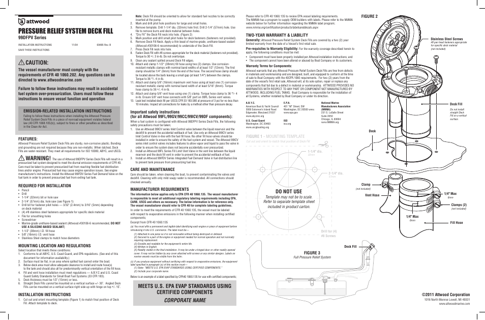 Attwood Deck fills for Pressure Relief Systems User Manual | 1 page