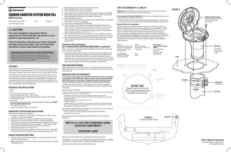Attwood Deck fills for Carbon Canister Systems User Manual | 1 page