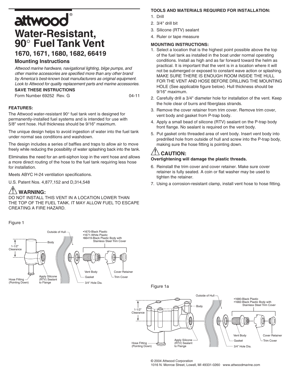 Attwood 1674 90° P-Trap Vents User Manual | 1 page