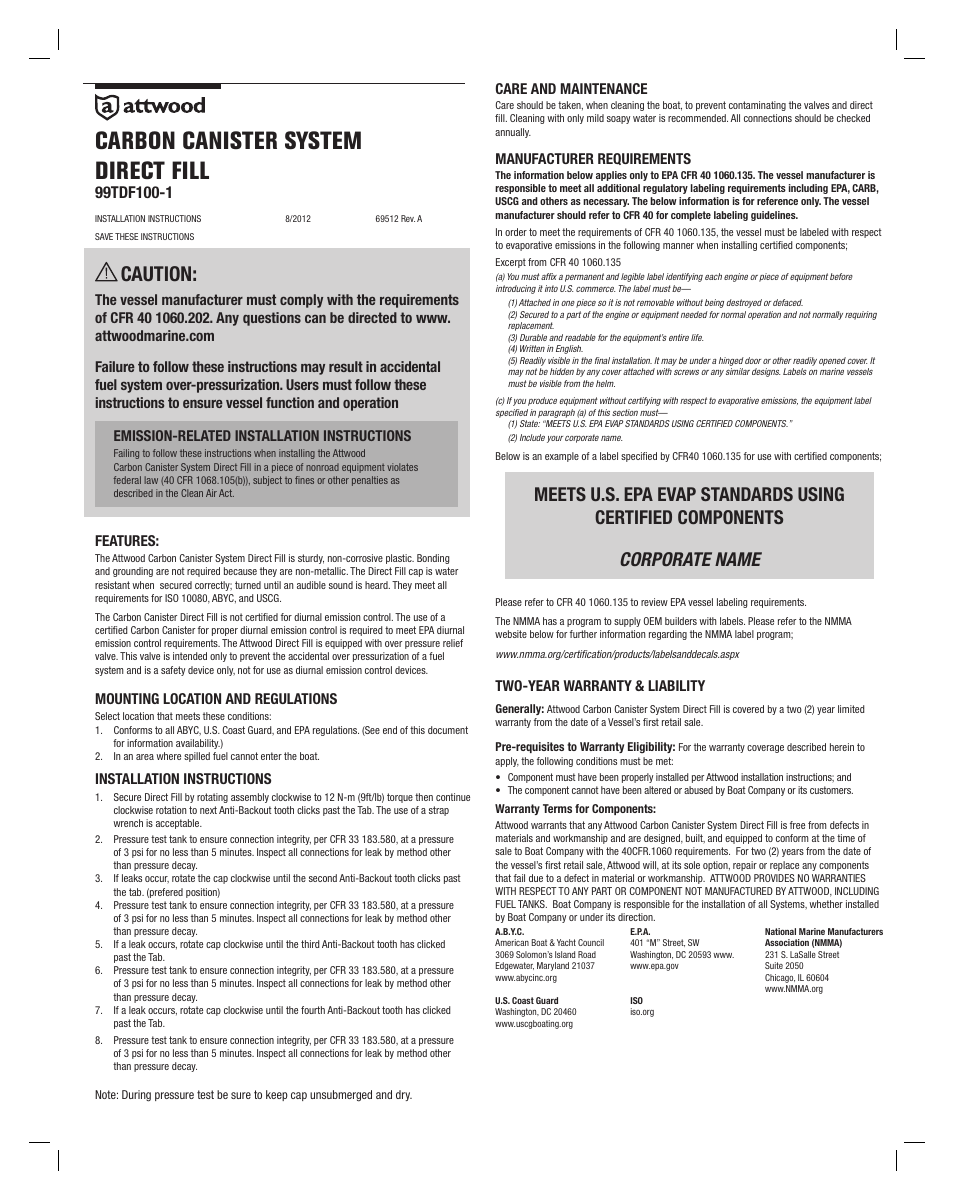 Attwood Direct Fill Unit User Manual | 2 pages