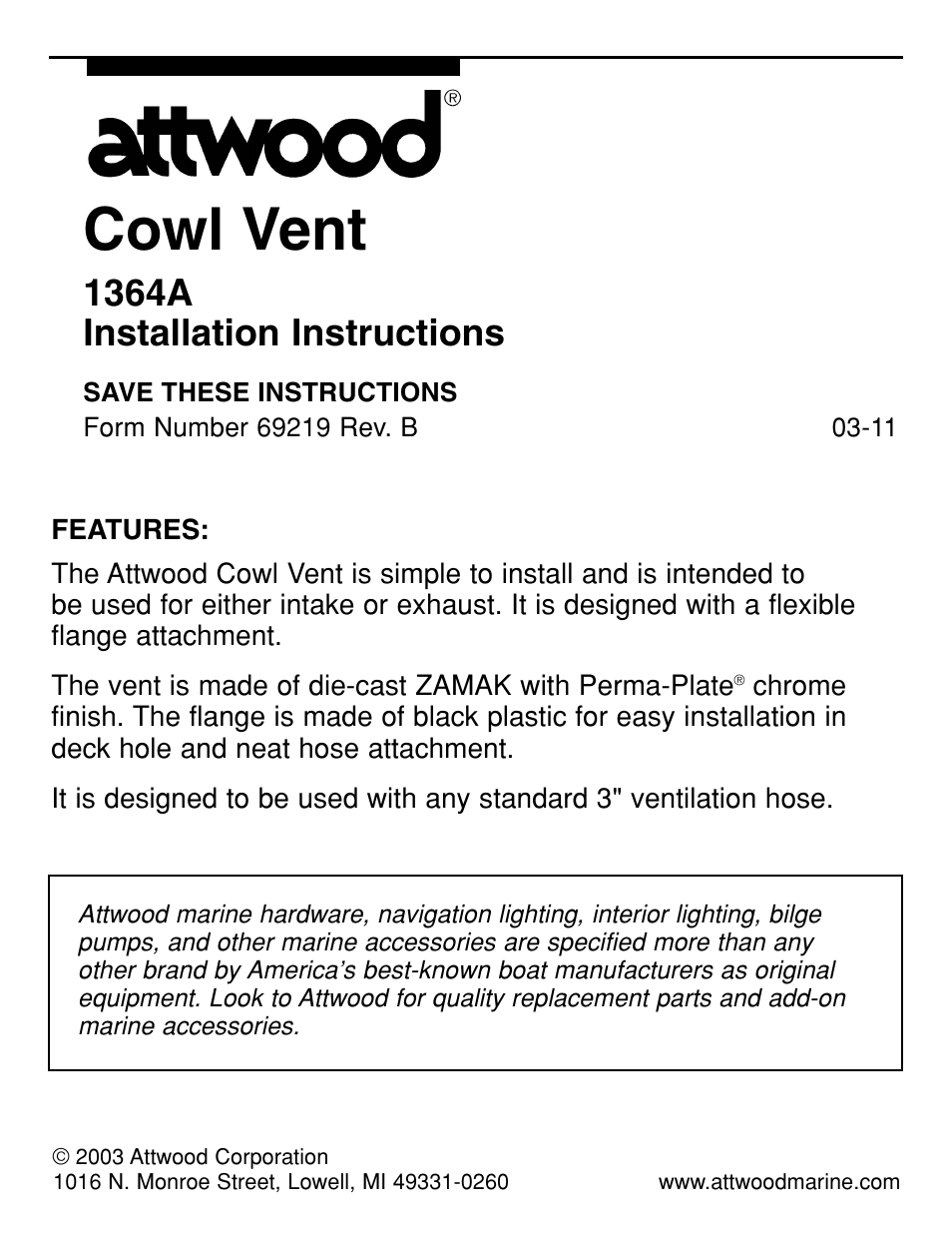 Attwood Cowl Ventilator User Manual | 2 pages