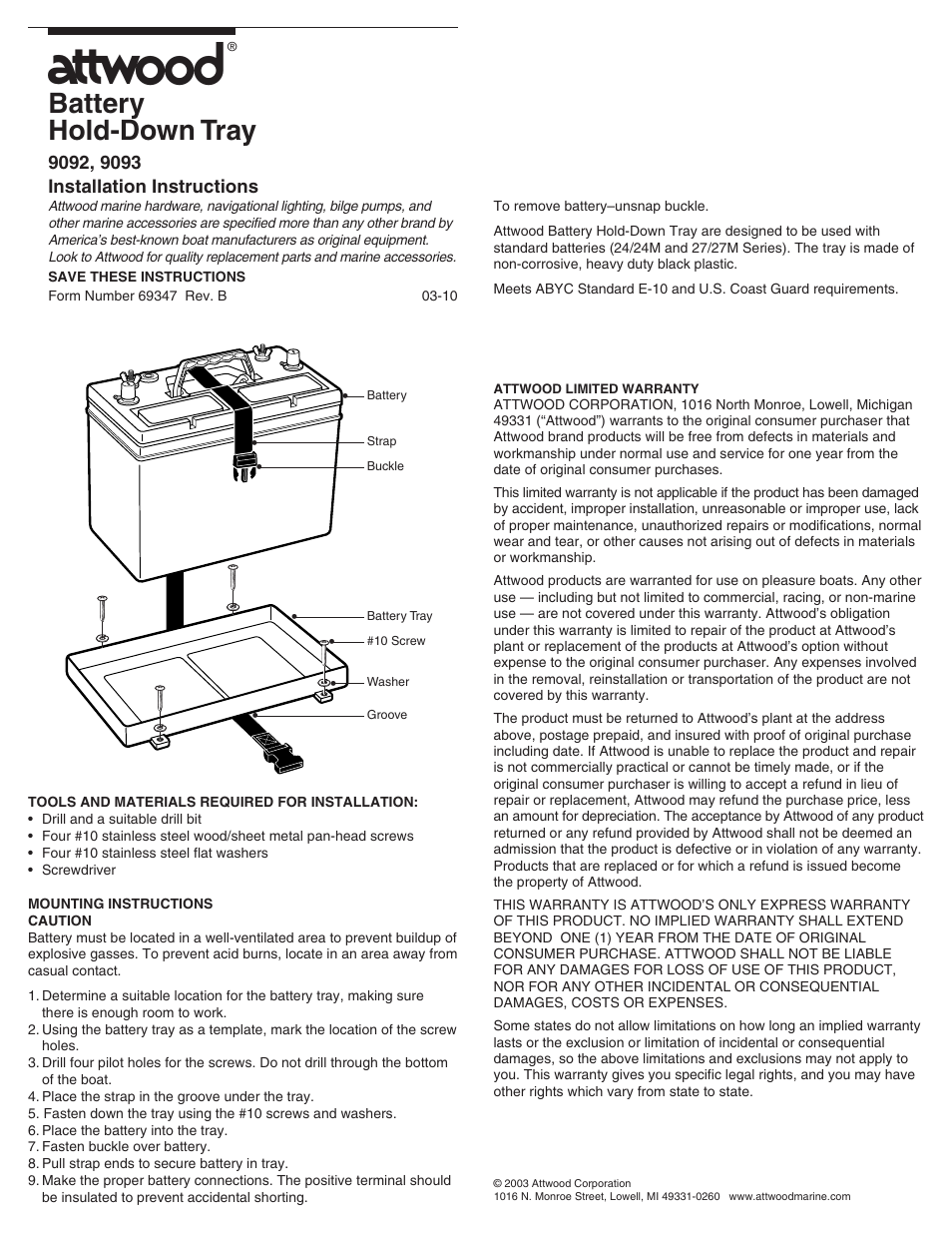 Attwood Battery Tray with Strap User Manual | 1 page
