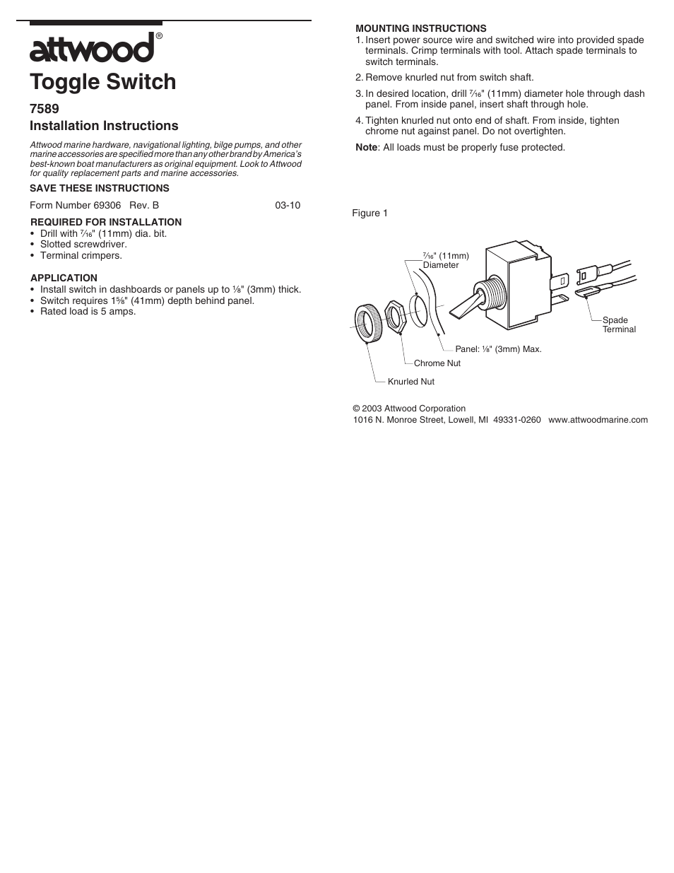 Attwood Toggle Switch User Manual | 1 page