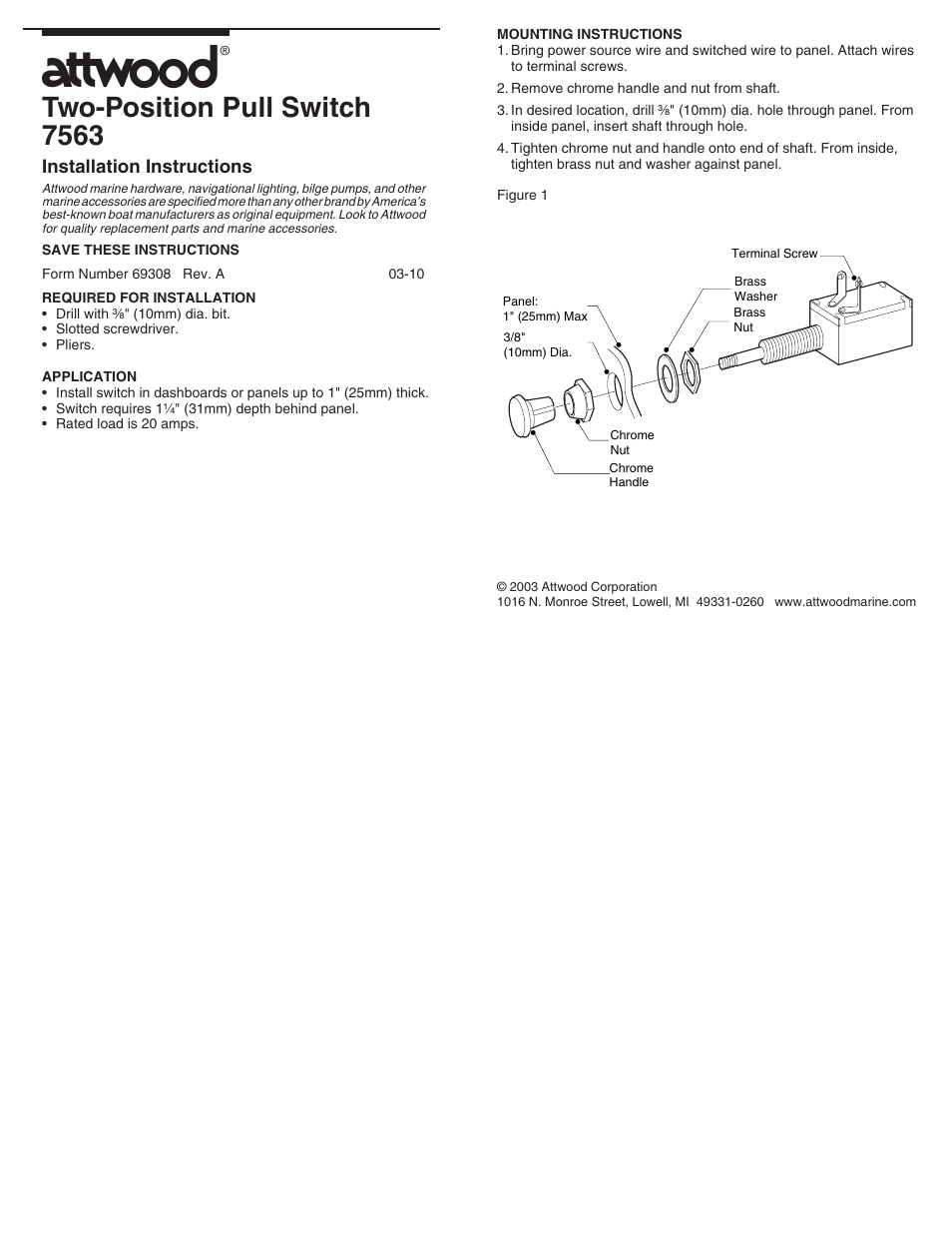 Attwood 7563 Two-Position Pull Switch User Manual | 1 page