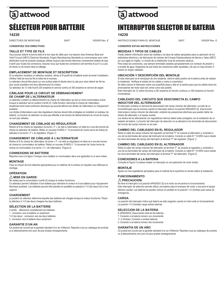 Sélecteur pour batterie, Interruptor selector de bateria | Attwood 4-Way Battery Selector Switch User Manual | Page 2 / 2