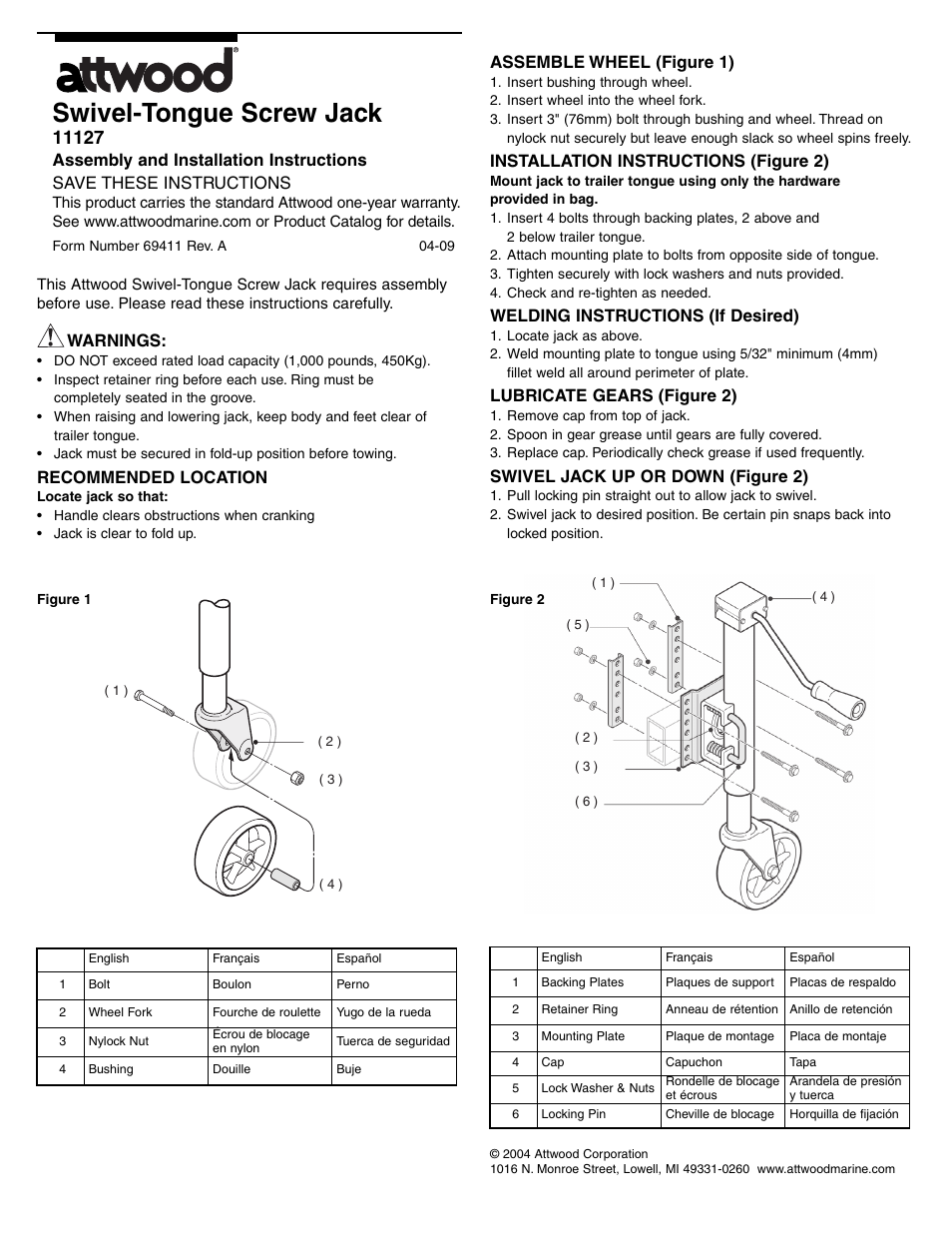 Attwood Fold Up Trailer Jacks User Manual | 2 pages