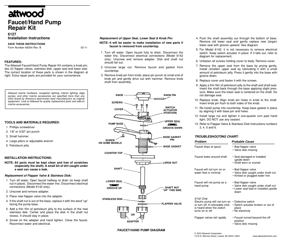 Attwood Faucet Repair Kits User Manual | 1 page