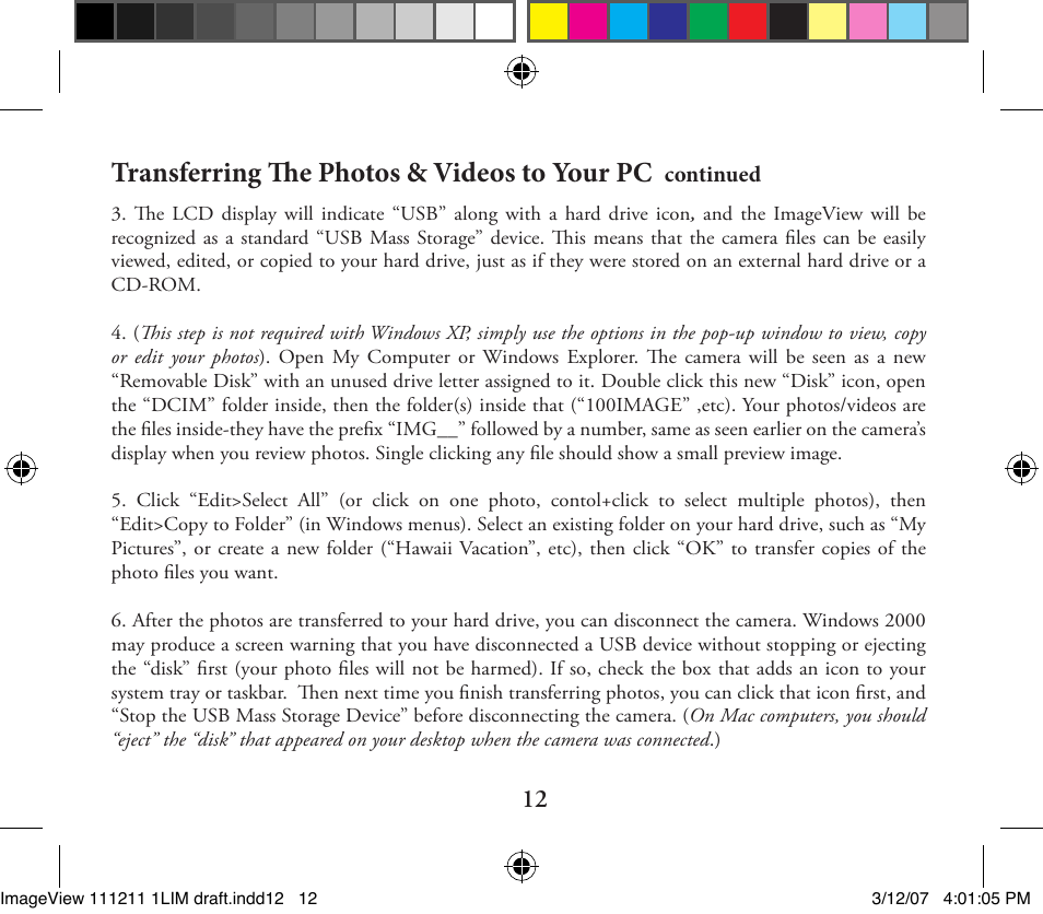 Transferring the photos & videos to your pc | Bushnell ImageView 11-1211 User Manual | Page 12 / 20