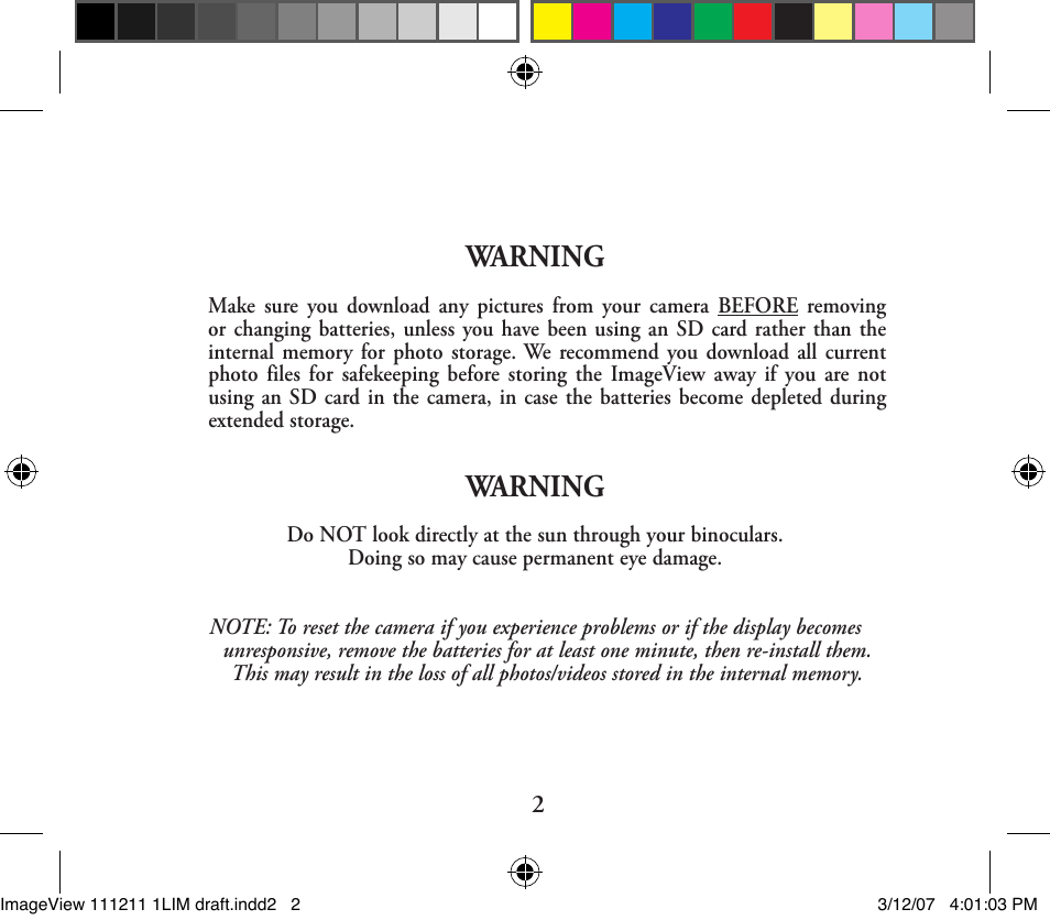 Warning | Bushnell ImageView 11-1211 User Manual | Page 2 / 20