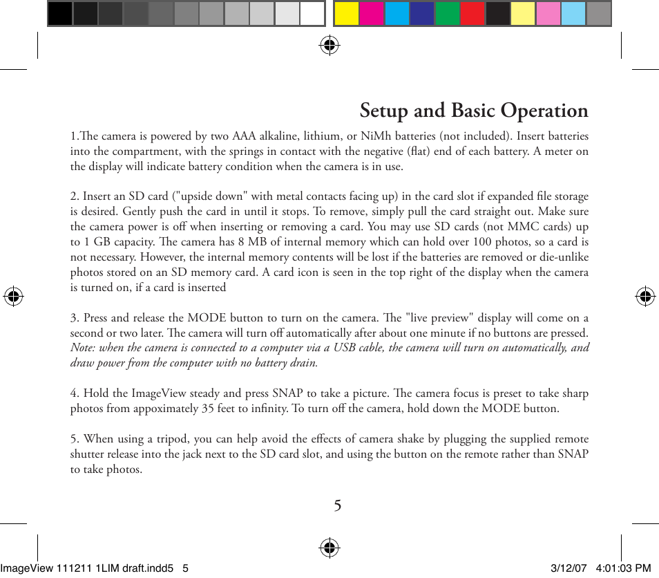 Setup and basic operation | Bushnell ImageView 11-1211 User Manual | Page 5 / 20