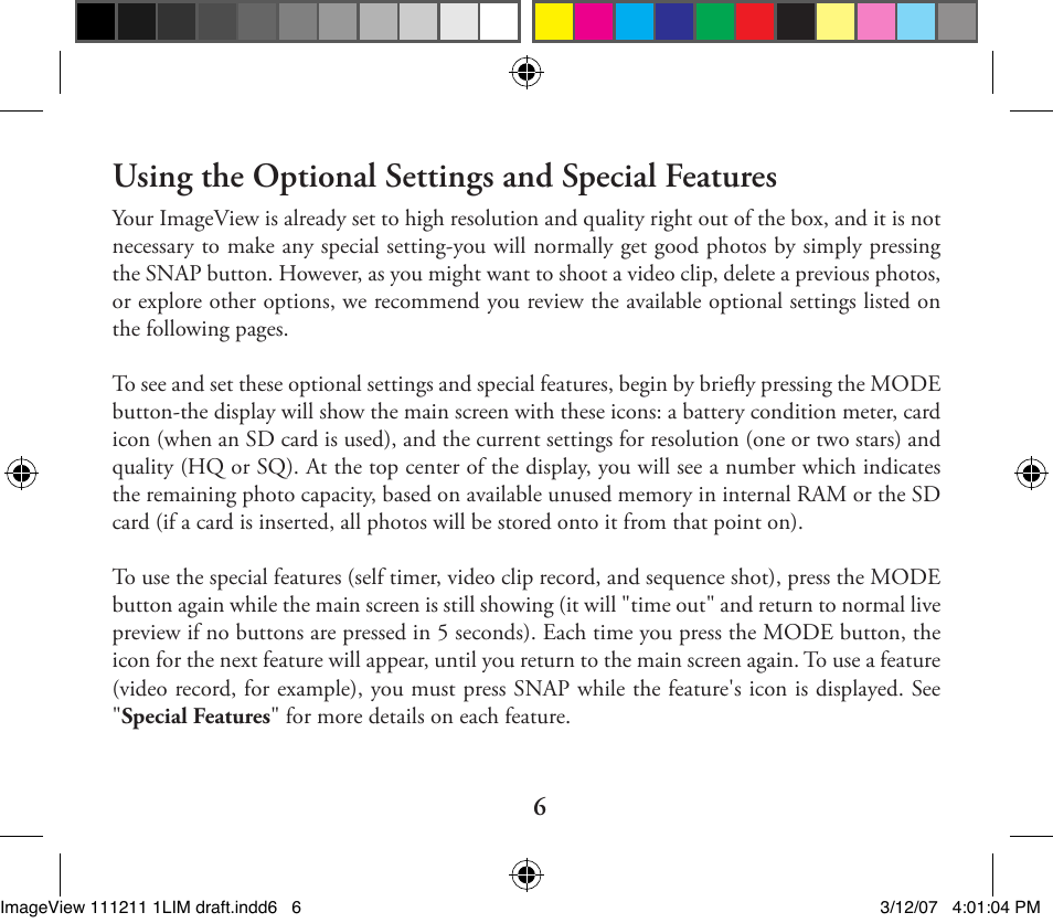 Using the optional settings and special features | Bushnell ImageView 11-1211 User Manual | Page 6 / 20