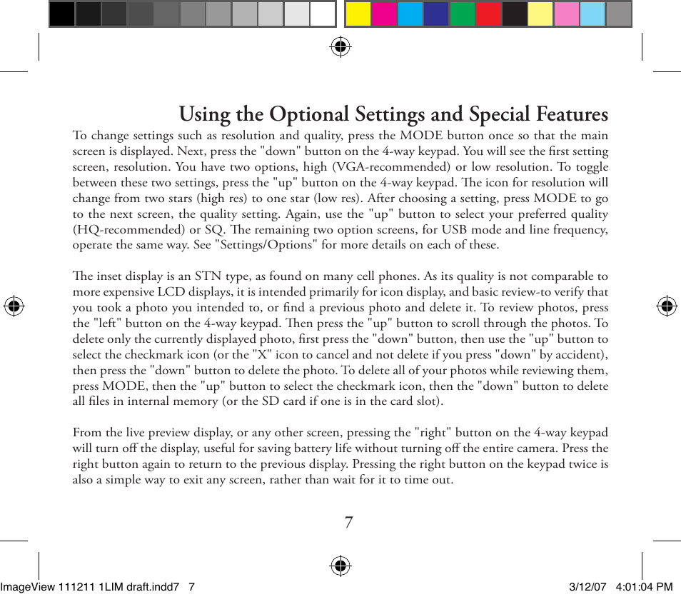 Using the optional settings and special features | Bushnell ImageView 11-1211 User Manual | Page 7 / 20