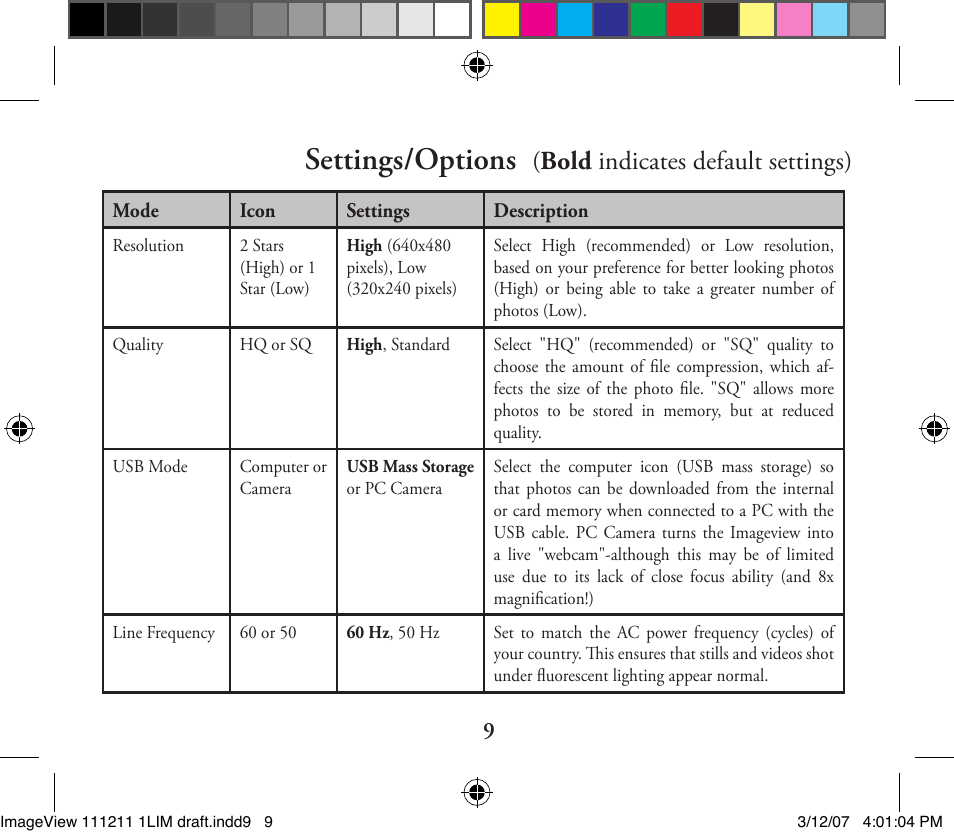 Settings/options, Bold indicates default settings) | Bushnell ImageView 11-1211 User Manual | Page 9 / 20