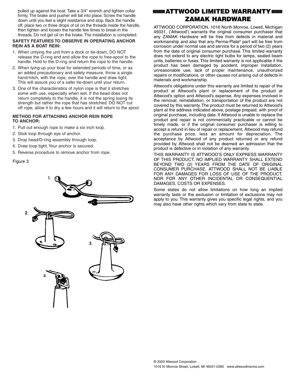 Attwood limited warranty zamak hardware | Attwood Anchor Rein II Anchor Lift User Manual | Page 2 / 2